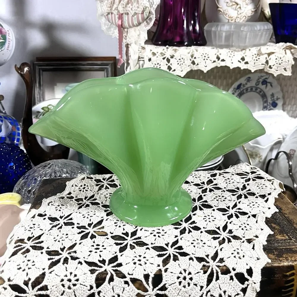 Fenton Footed Fan Vase Ribbed with Scalloped Top Jade Jadeite Jadite Mint Green